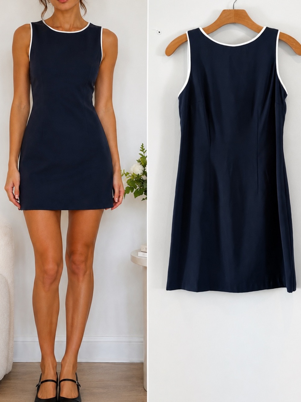 Vintage CDC Petites Navy Mini Shift Dress White Piping Keyhole Size 2 Fits 0